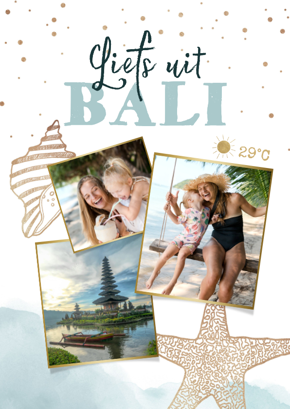 Vakantiekaarten - Vakantiekaart Indonesië bali strand schelpen waterverf foto