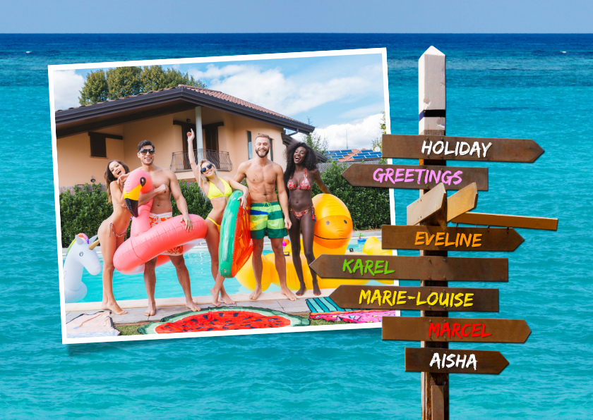 Vakantiekaart met eigen foto, wegwijzer en zee - Vakantiekaarten Vakantiekaarten - Vakantiekaart met eigen foto, wegwijzer en zee