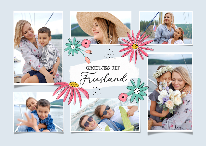 Vakantiekaart met zes foto's groetjes uit en bloemen - Vakantiekaarten Vakantiekaarten - Vakantiekaart met zes foto's groetjes uit en bloemen