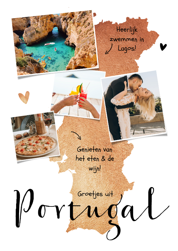Vakantiekaarten - Vakantiekaart Portugal roségoud fotocollage hartjes