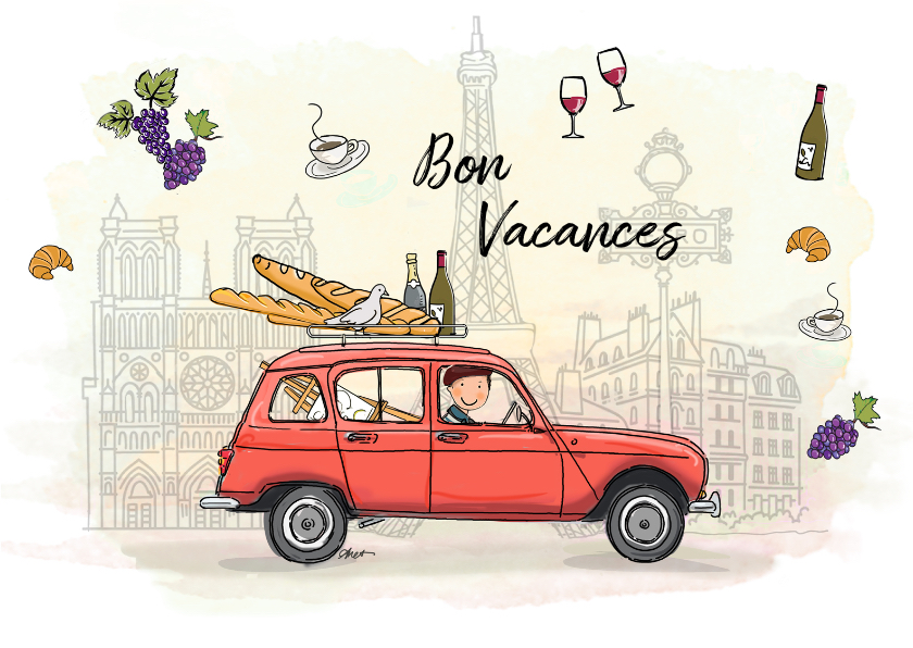 Vakantiekaarten - Vakantiekaart Renault vier rood Parijs