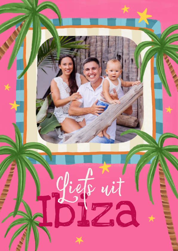 Vakantiekaarten - Vakantiekaart tropisch palmbomen kleuren kaders foto roze