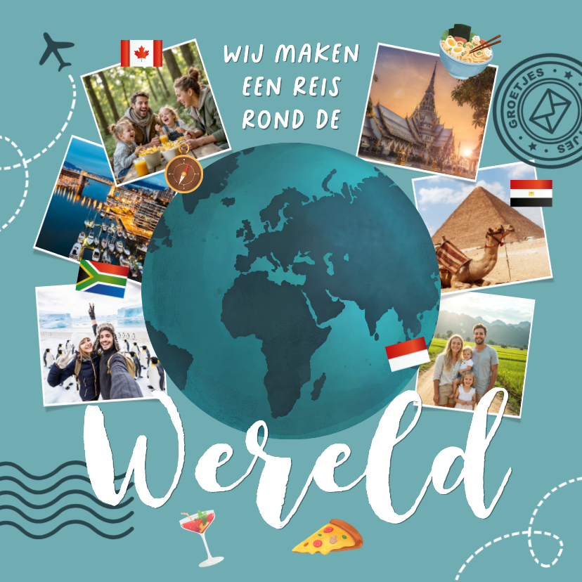 Vakantiekaarten - Vakantiekaart wereldreis wereldbol foto's rondreis