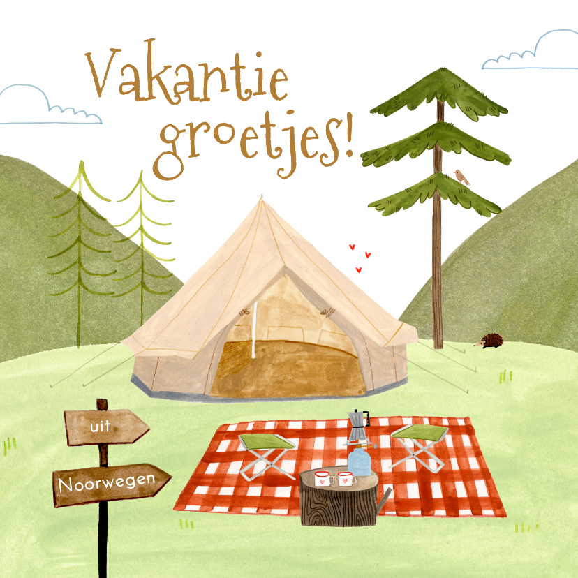 Vakantiekaarten - Vakantiekaartje groetjes uit Noorwegen kamperen tent