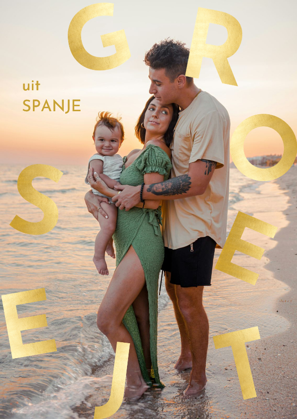 Vakantiekaarten - Vakantiekaartje grote foto speelse gouden tekst groetjes