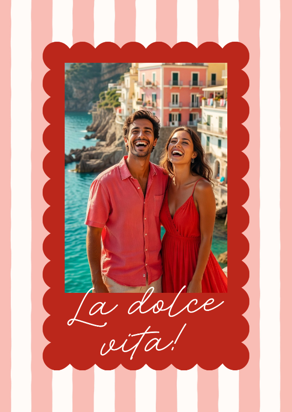 Vakantiekaarten - Vakantiekaartje la dolce vita streepjes roze met foto