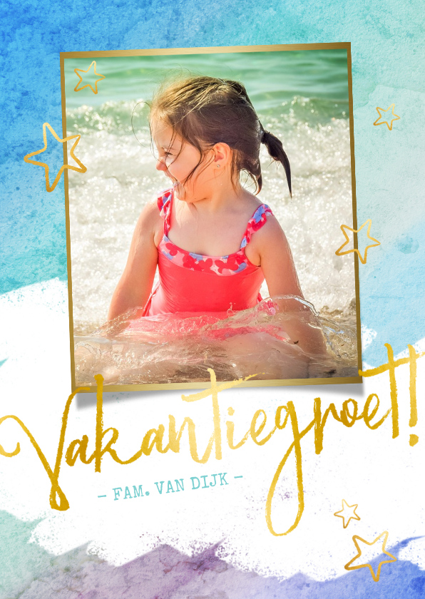 Vakantiekaarten - Vrolijke strand vakantiekaart met eigen foto en waterverf 