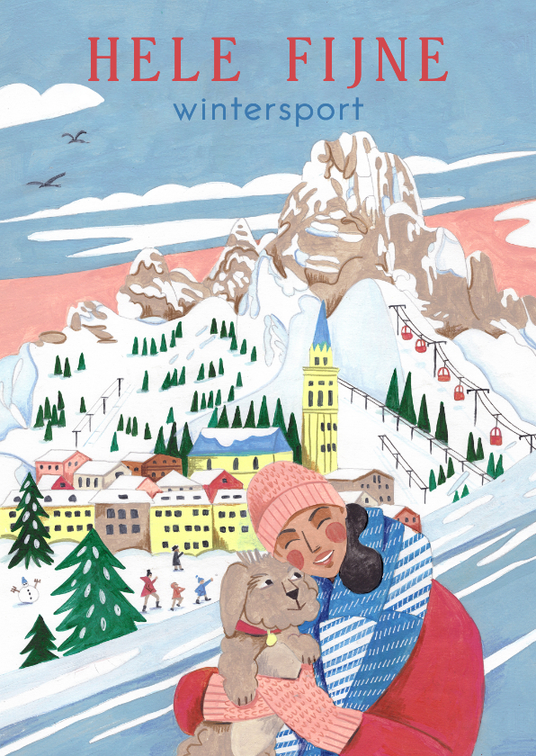 Vakantiekaarten - Wenskaart wintersport bergen hond illustratie