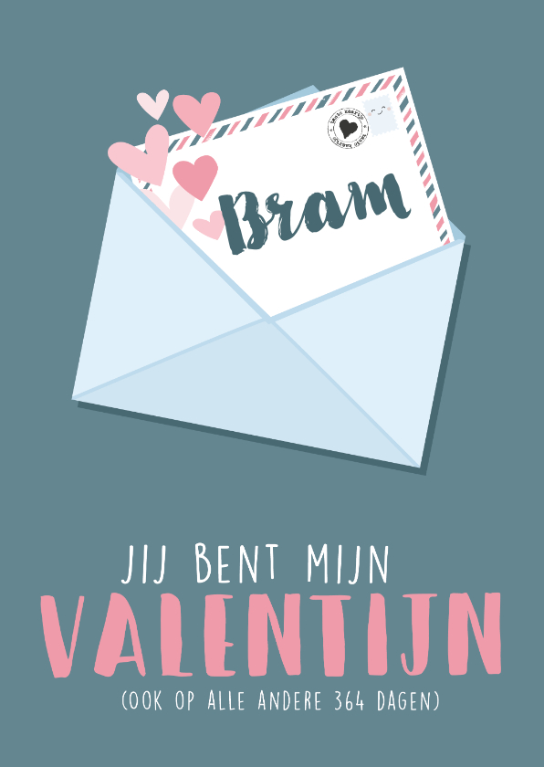 Valentijnskaarten - Blauwe valentijnskaart met illustratie van liefdes post