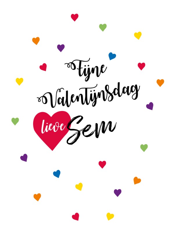 Fijne Valentijnsdag met alle kleuren hartjes en eigen naam - Valentijnskaarten Valentijnskaarten - Fijne Valentijnsdag met alle kleuren hartjes en eigen naam