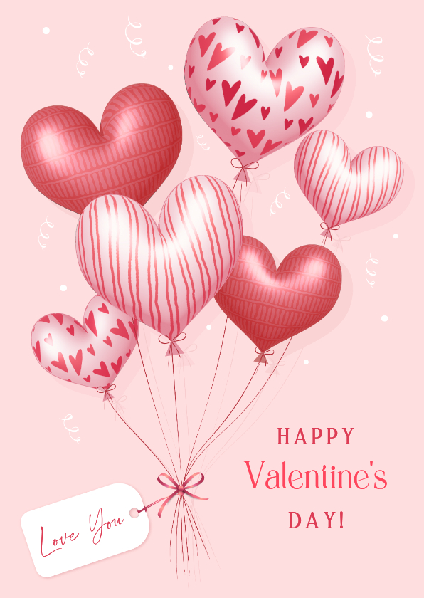 Valentijnskaarten - Hippe valentijnskaart met hartjes 3d ballonnen en naamlabel