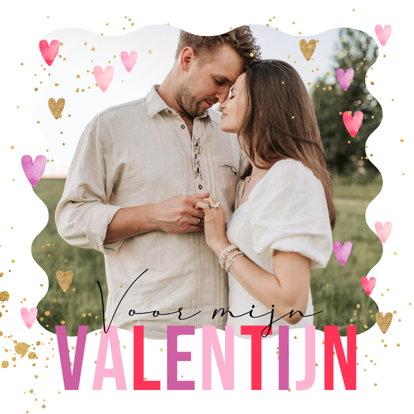 Valentijnskaarten - Liefdevolle Valentijnskaart watercolor hartjes goud spetters