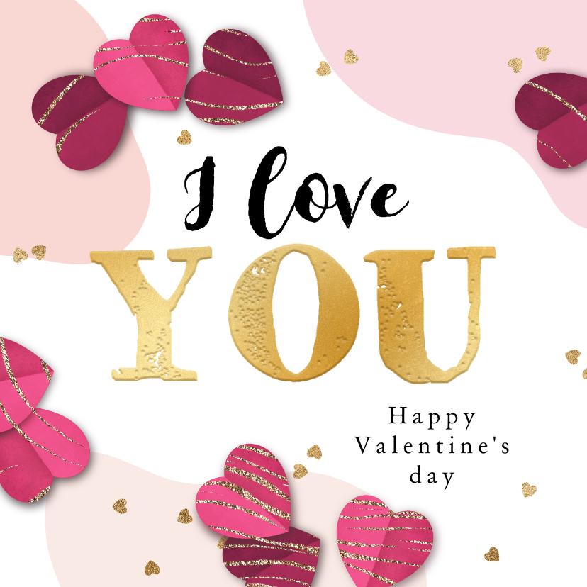 Valentijnskaarten - Lieve valentijnskaart 3d hartjes hartjesconfetti goud