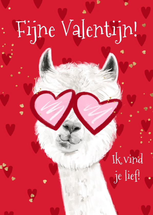 Valentijnskaarten - Lieve valentijnskaart illustratie alpaca hartjes goud