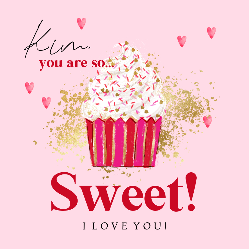 Valentijnskaarten - Lieve valentijnskaart illustratie cupcake goud hartjes 