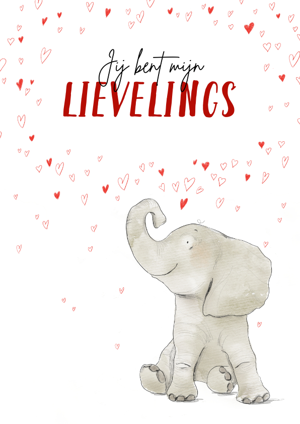 Valentijnskaarten - Lieve valentijnskaart met olifant en hartjesregen
