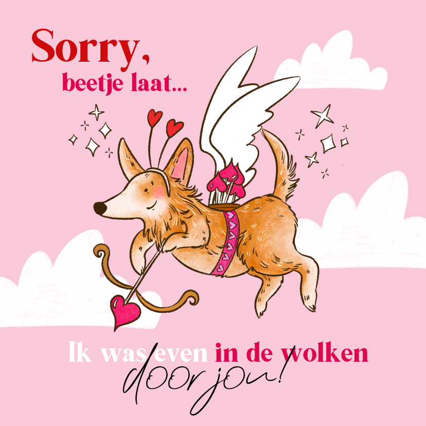 Lieve Valentijnskaart te laat hondje cupido hartjes - Valentijnskaarten Valentijnskaarten - Lieve Valentijnskaart te laat hondje cupido hartjes