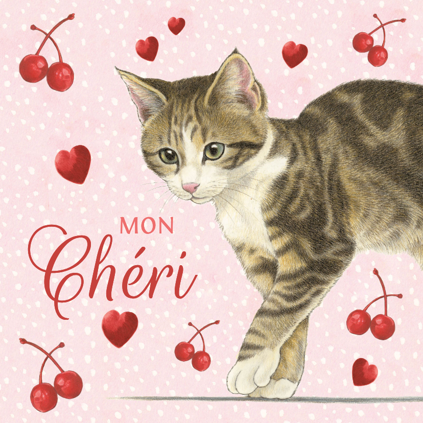 Mon chéri valentijnskaart met kitten, hartjes en kersen - Valentijnskaarten Valentijnskaarten - Mon chéri valentijnskaart met kitten, hartjes en kersen