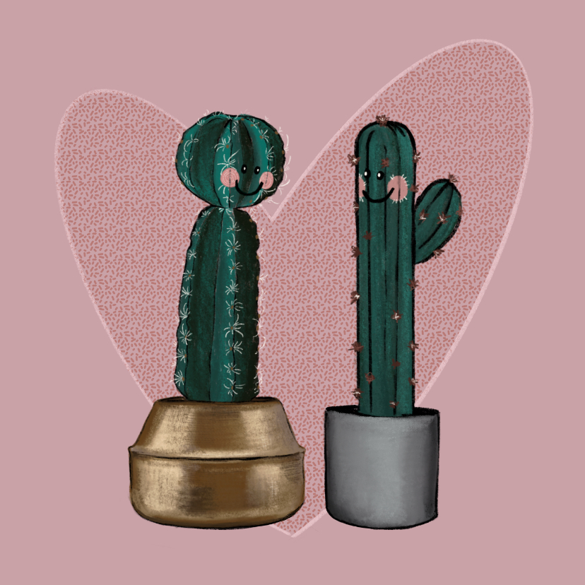 Schattige valentijnskaart verliefde cactussen en groot hart - Valentijnskaarten Valentijnskaarten - Schattige valentijnskaart verliefde cactussen en groot hart