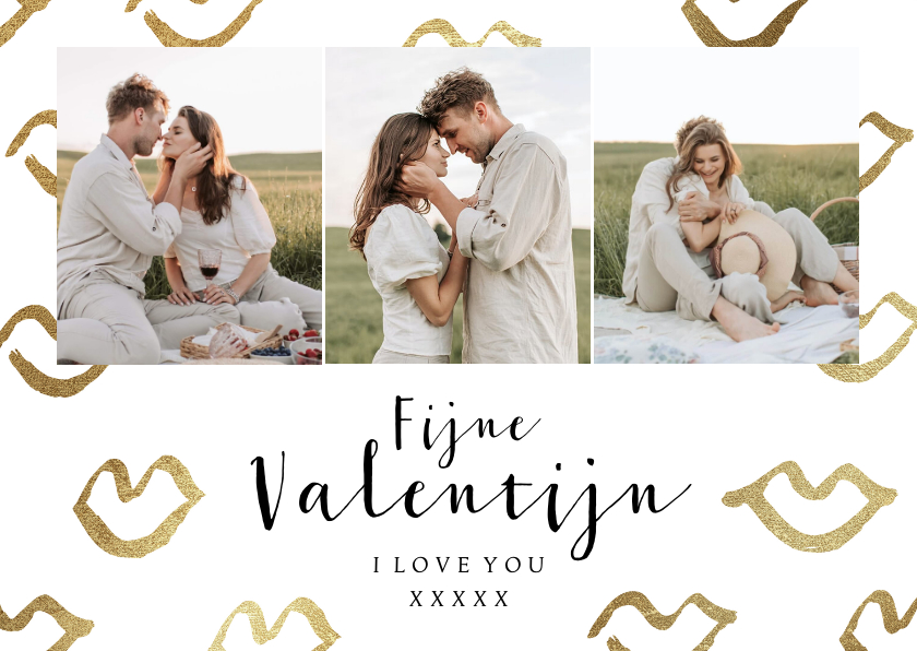 Valentijnskaarten - Stijlvolle valentijnskaart collage kusjes goudlook