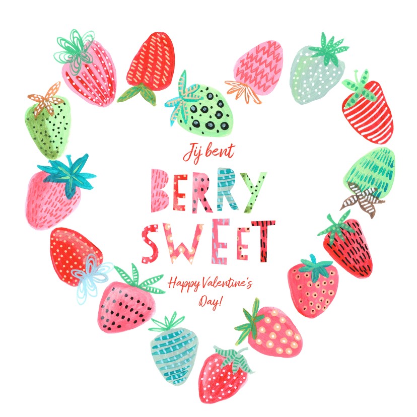 Valentijnskaart aardbeien hartje - Valentijnskaarten Valentijnskaarten - Valentijnskaart aardbeien hartje