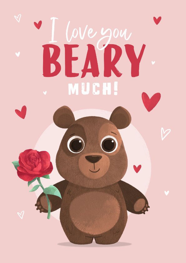 Valentijnskaarten - Valentijnskaart beer i love you hartjes roos
