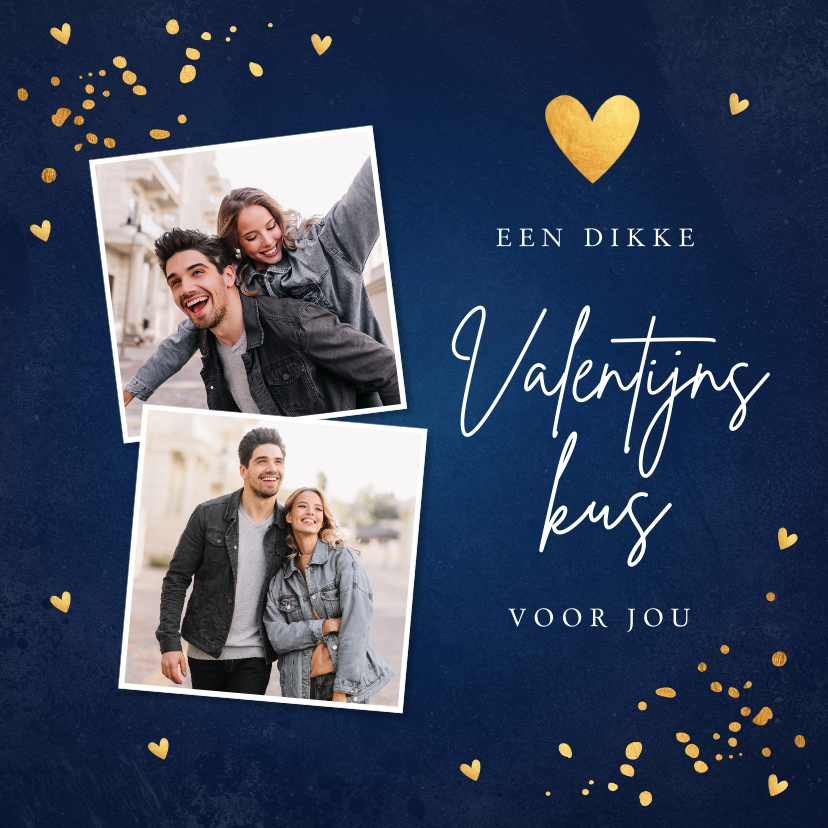 Valentijnskaarten - Valentijnskaart donkerblauw foto confetti goudlook