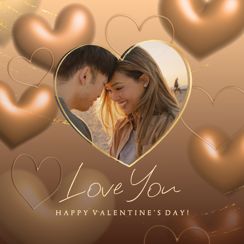 Valentijnskaarten - Valentijnskaart eigen foto stijlvol goud glans 3d hartjes 