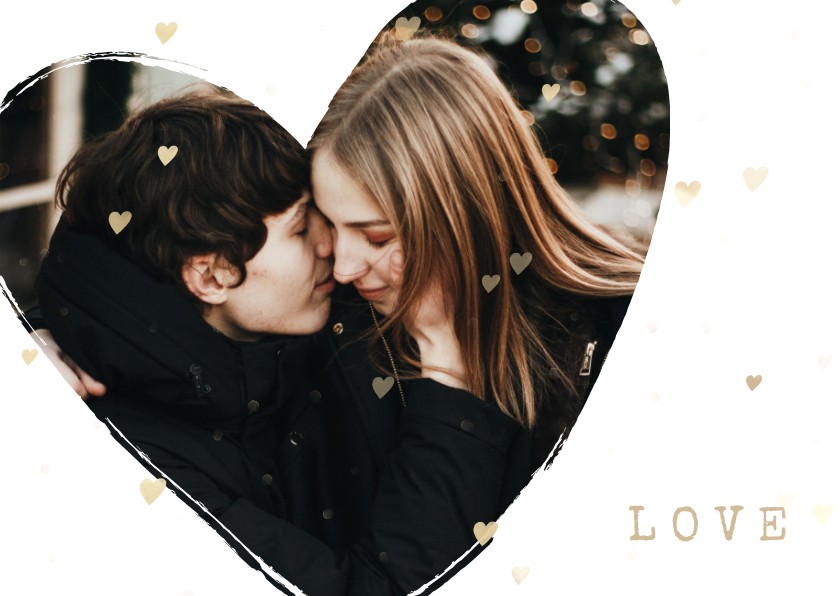 Valentijnskaart foto in hart groot met gouden hartjes - Valentijnskaarten Valentijnskaarten - Valentijnskaart foto in hart groot met gouden hartjes