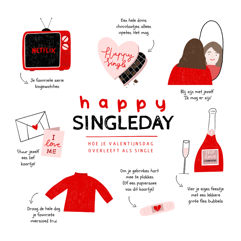 Valentijnskaart happy singleday tips illustratie rood roze - Valentijnskaarten Valentijnskaarten - Valentijnskaart happy singleday tips illustratie rood roze