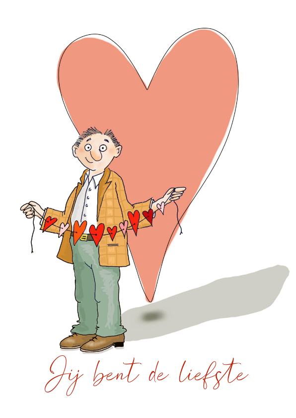 Valentijnskaart man met hartjesslinger - Valentijnskaarten Valentijnskaarten - Valentijnskaart man met hartjesslinger