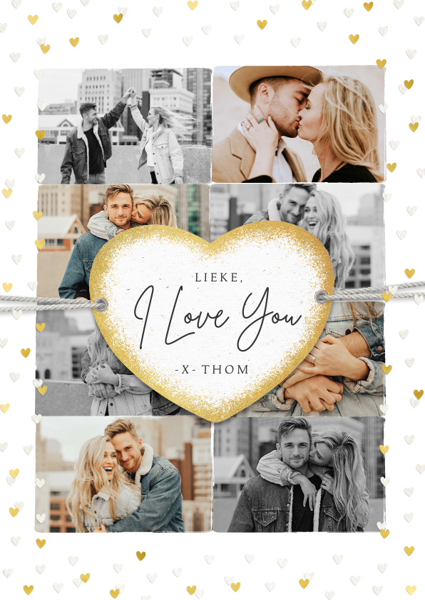 Valentijnskaart met fotocollage en gouden hartjes label - Valentijnskaarten Valentijnskaarten - Valentijnskaart met fotocollage en gouden hartjes label