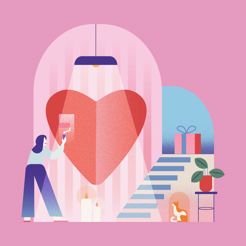 Valentijnskaarten - Valentijnskaart met groot hart meisje en kat