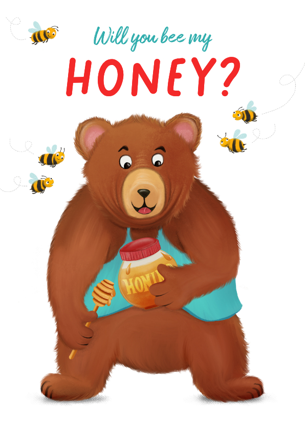 Valentijnskaarten - Valentijnskaart met grote beer met pot honing