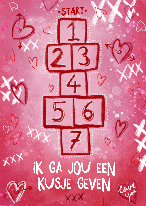 Valentijnskaarten - Valentijnskaart met hartjes en hinkstapsprong illustratie