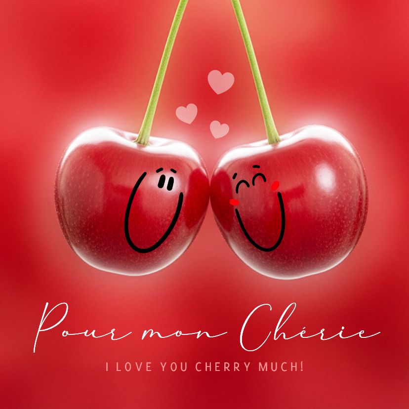 Valentijnskaarten - Valentijnskaart met kersen die verliefd tegen elkaar hangen