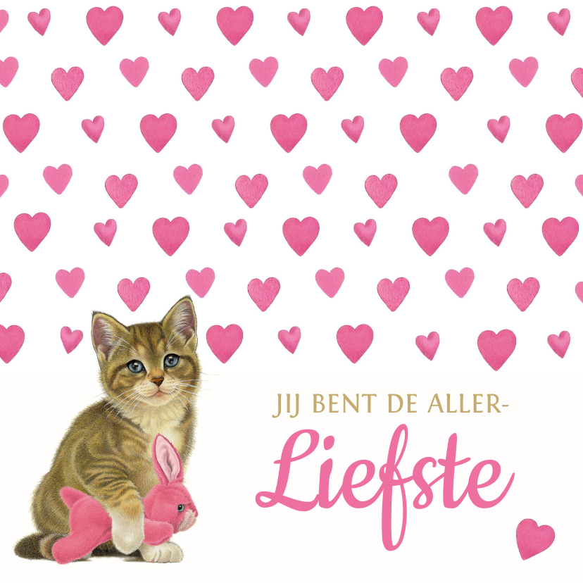 Valentijnskaarten - Valentijnskaart met kitten en hartjes