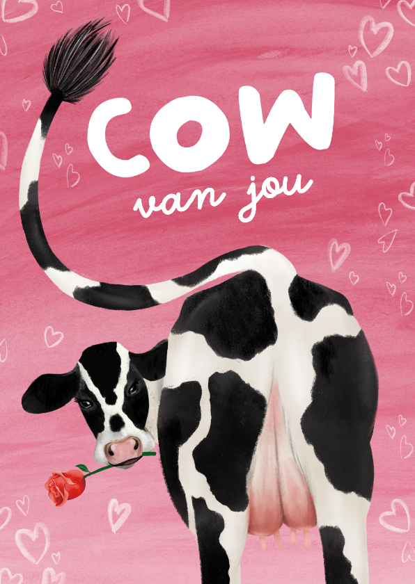 Valentijnskaarten - Valentijnskaart met koe en roos