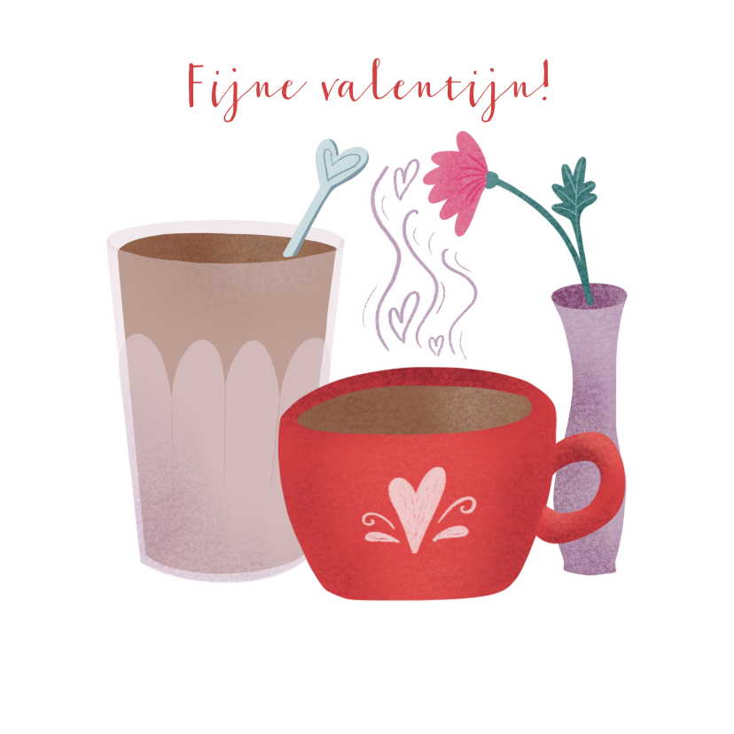 Valentijnskaart met kopjes bloem en hartjes - Valentijnskaarten Valentijnskaarten - Valentijnskaart met kopjes bloem en hartjes