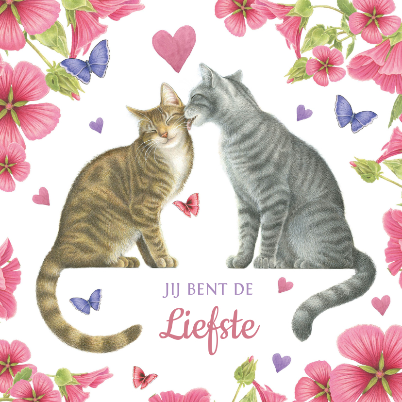 Valentijnskaarten - Valentijnskaart vol bloemen met 2 katten in de hoofdrol
