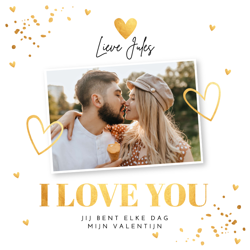 Valentijnskaart wit goud met foto I love You hartjes - Valentijnskaarten Valentijnskaarten - Valentijnskaart wit goud met foto I love You hartjes