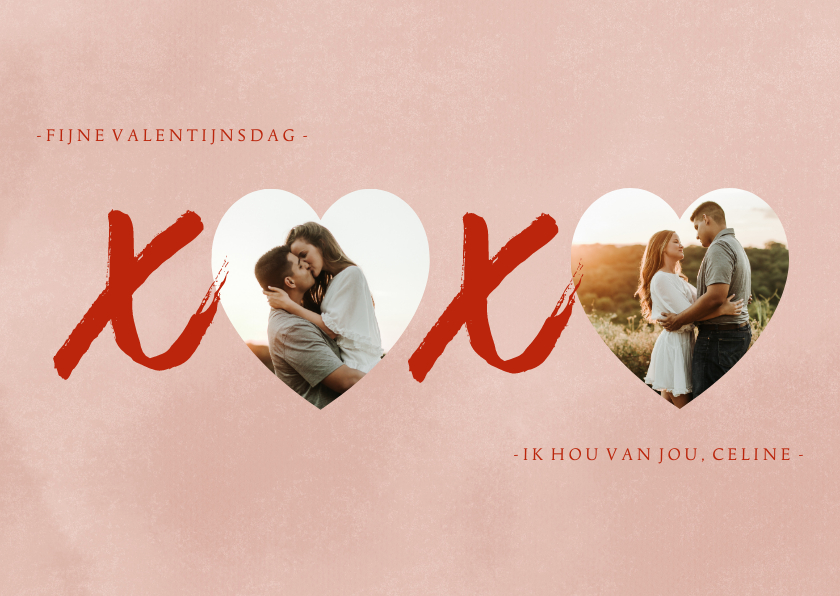 Valentijnskaarten - Valentijnskaart XOXO hartjes foto's en roze verf