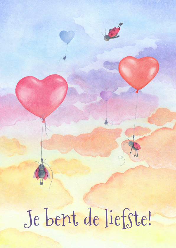 Valentijnskaarten - Valentijnskaartje lieveheersbeestjes met hartjesballonnen