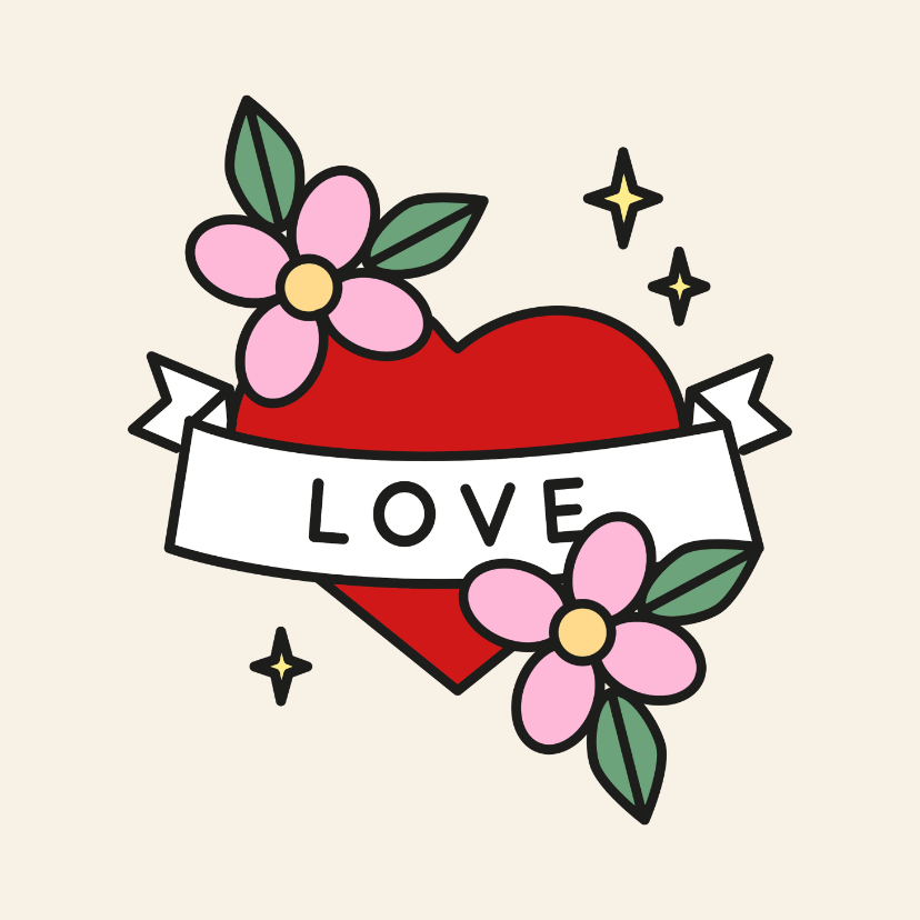 Valentijnskaarten - Valentijnskaartje love in tattoo style met hart en bloemen