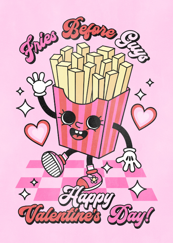 Valentijnskaarten - Vrolijke valentijnskaart vriendinnen met frietjes en hartjes