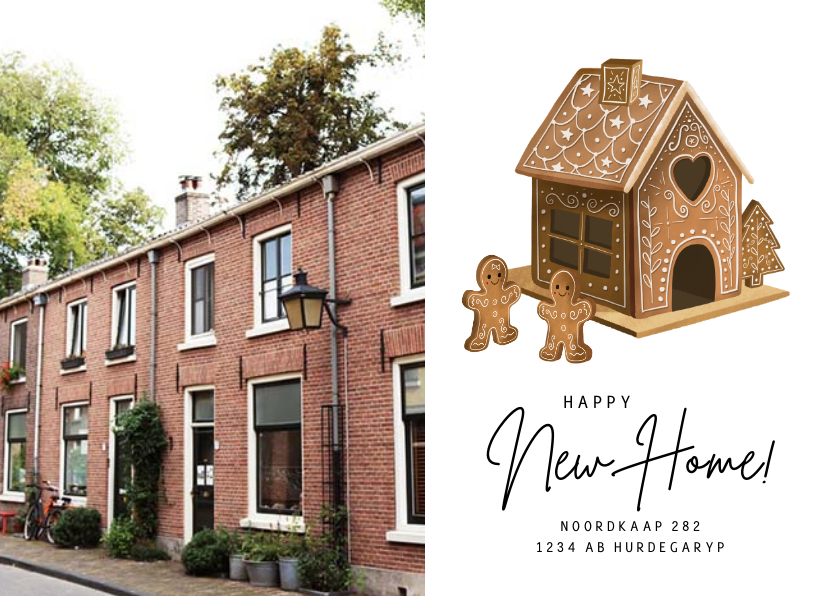 Adreswijziging en kerstkaart in één met peperkoekhuisje - Verhuiskaarten Verhuiskaarten - Adreswijziging en kerstkaart in één met peperkoekhuisje