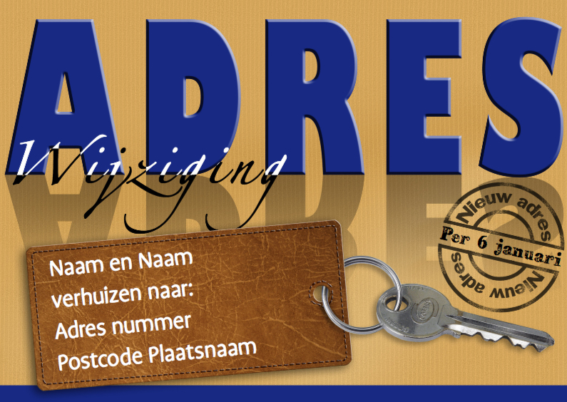 Adreswijziging kaart met sleutel en blauwe tekst: ADRES - Verhuiskaarten Verhuiskaarten - Adreswijziging kaart met sleutel en blauwe tekst: ADRES