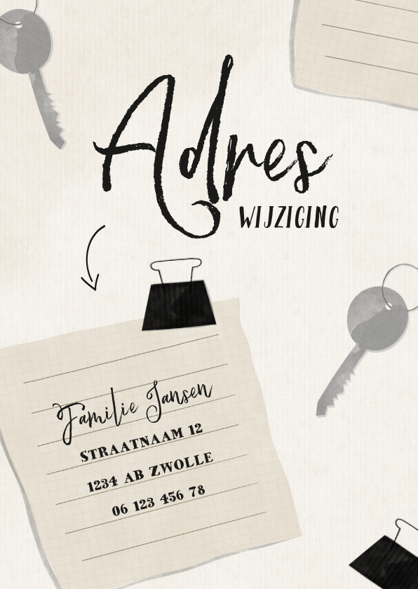 Adreswijziging papiertje met sleutels - Verhuiskaarten Verhuiskaarten - Adreswijziging papiertje met sleutels