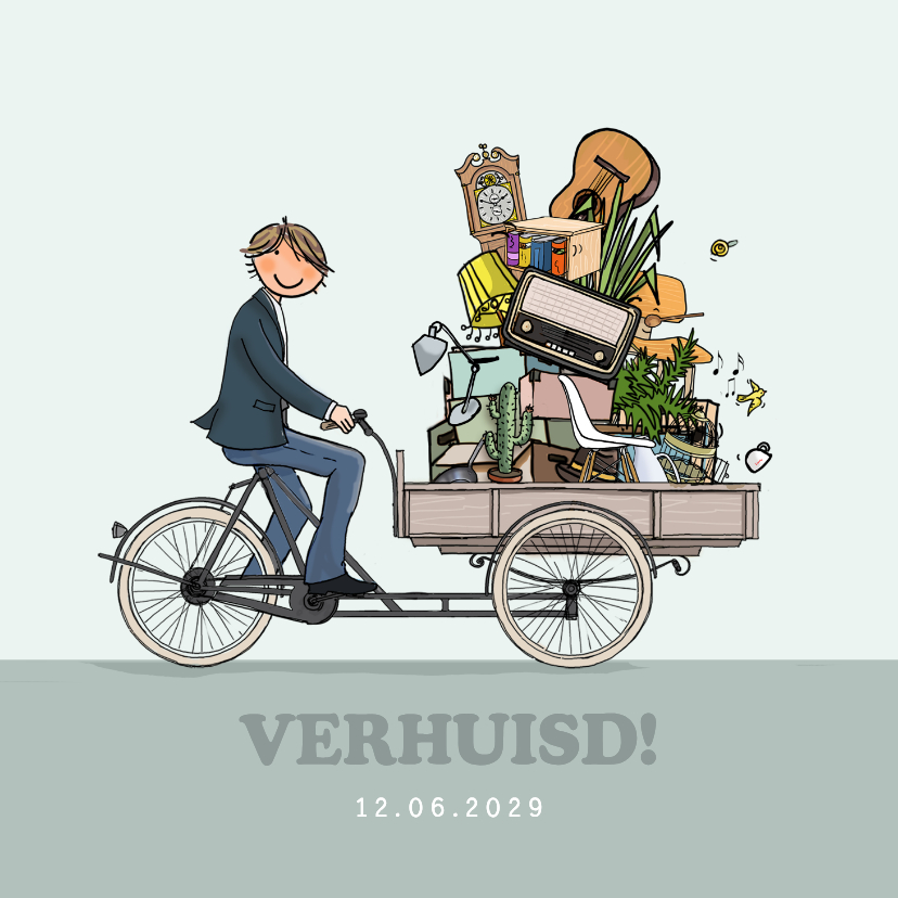Verhuiskaarten - Bakfiets verhuiskaart jongeman