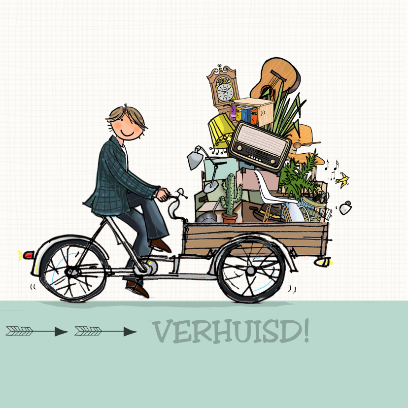 Verhuiskaarten - Bakfiets verhuiskaart jongeman